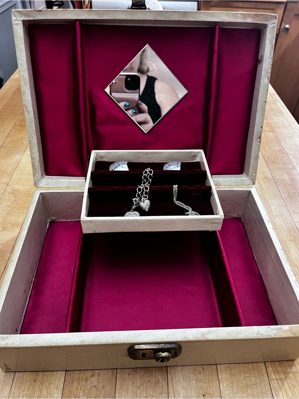 Vintage Velvet-Lined Jewelry Box w/ Mirror- Cream & Magenta Hollywood Regency